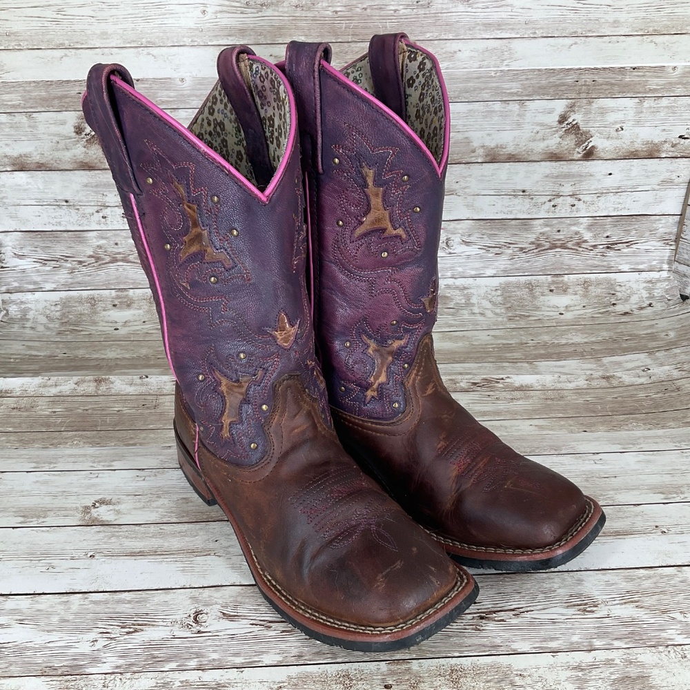 LAREDO WOMENS LOLA COWGIRL BROWN/PINK TRIM EMBROIDERED SQUARE TOE WESTERN BOOTS - Picture 2 of 11
